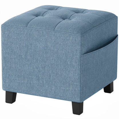 HOMCOM Small Ottoman, Square Footstool with Side Pocket, Rubber Wood Legs and Padded Seat for Living Room, Dark Blue