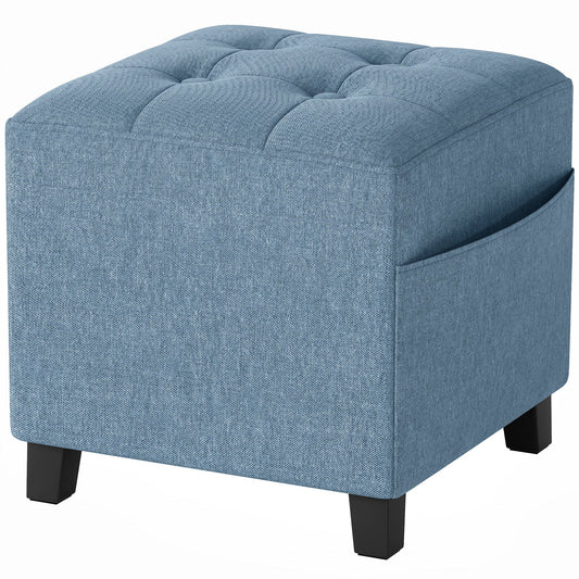 HOMCOM Small Ottoman, Square Footstool with Side Pocket, Rubber Wood Legs and Padded Seat for Living Room, Dark Blue