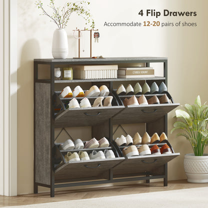 HOMCOM Shoe Storage Cabinet with 4 Flip Drawers and Open Shelf - Cement Grey