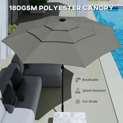 Outsunny Garden Parasol, Parasol Umbrella with 3-tier Roof, Crank Handle, Tilt Function, Polyester Canopy, Grey