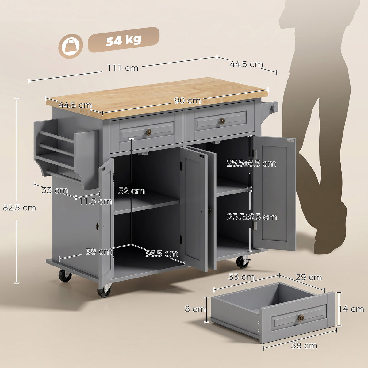 HOMCOM Kitchen Island on Wheels in Grey