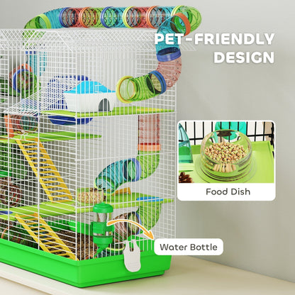 PawHut 5 Tier Hamster Cage Carrier Habitat with Exercise Wheels Tunnel Tube Water Bottle Dishes House Ladder for Dwarf Mice, Green