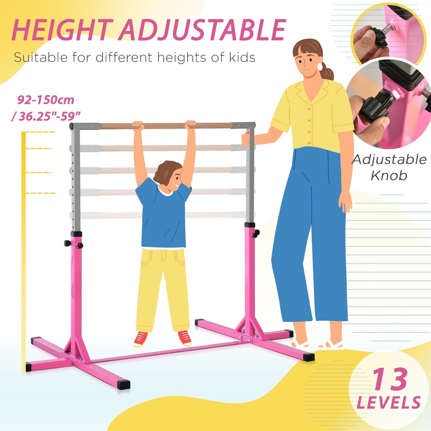 HOMCOM Height Adjustable Gymnastics Horizontal Bar for Kids, Children Junior Kip High Bar Fitness, Pink