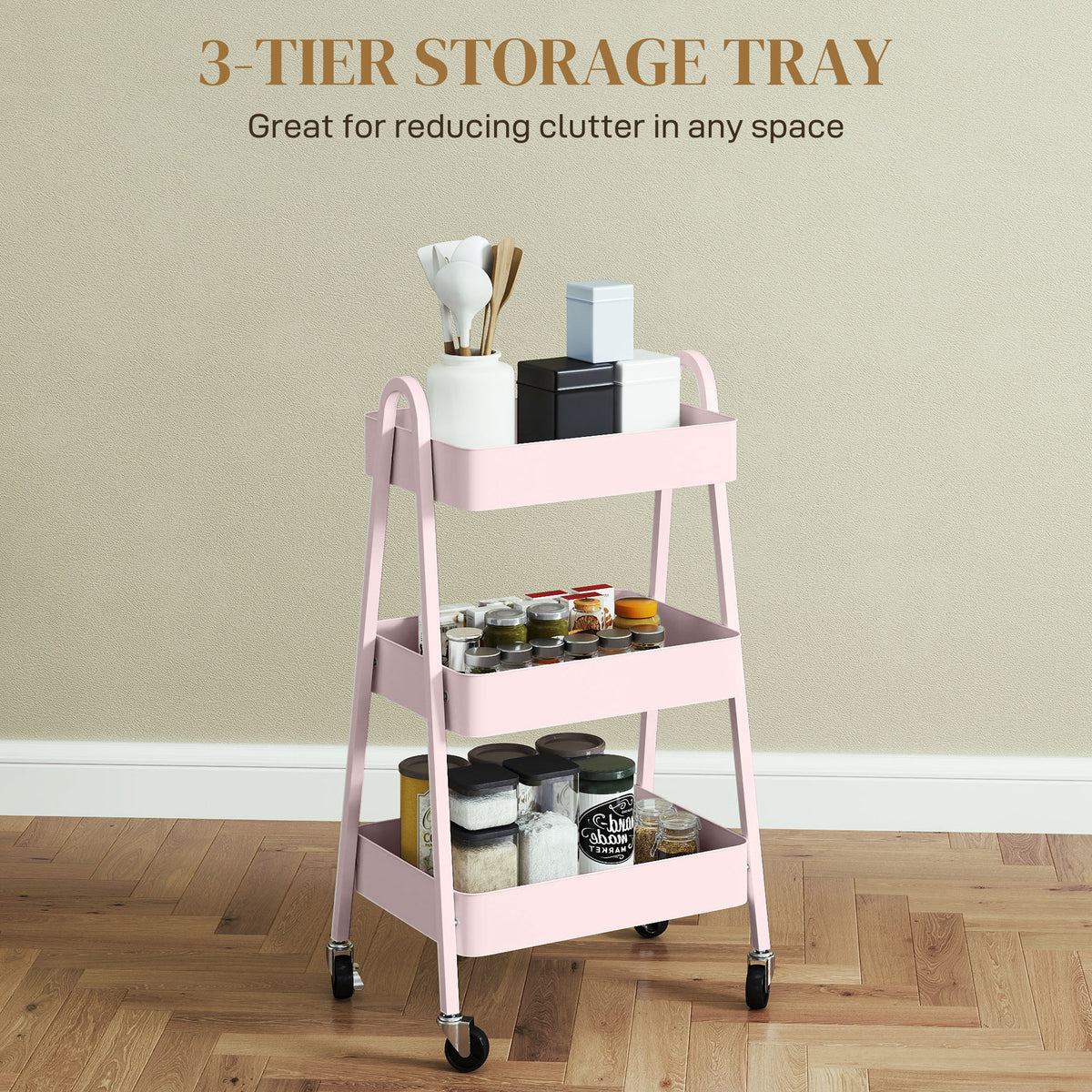 HOMCOM Three-Tier Storage Trolley in Pink