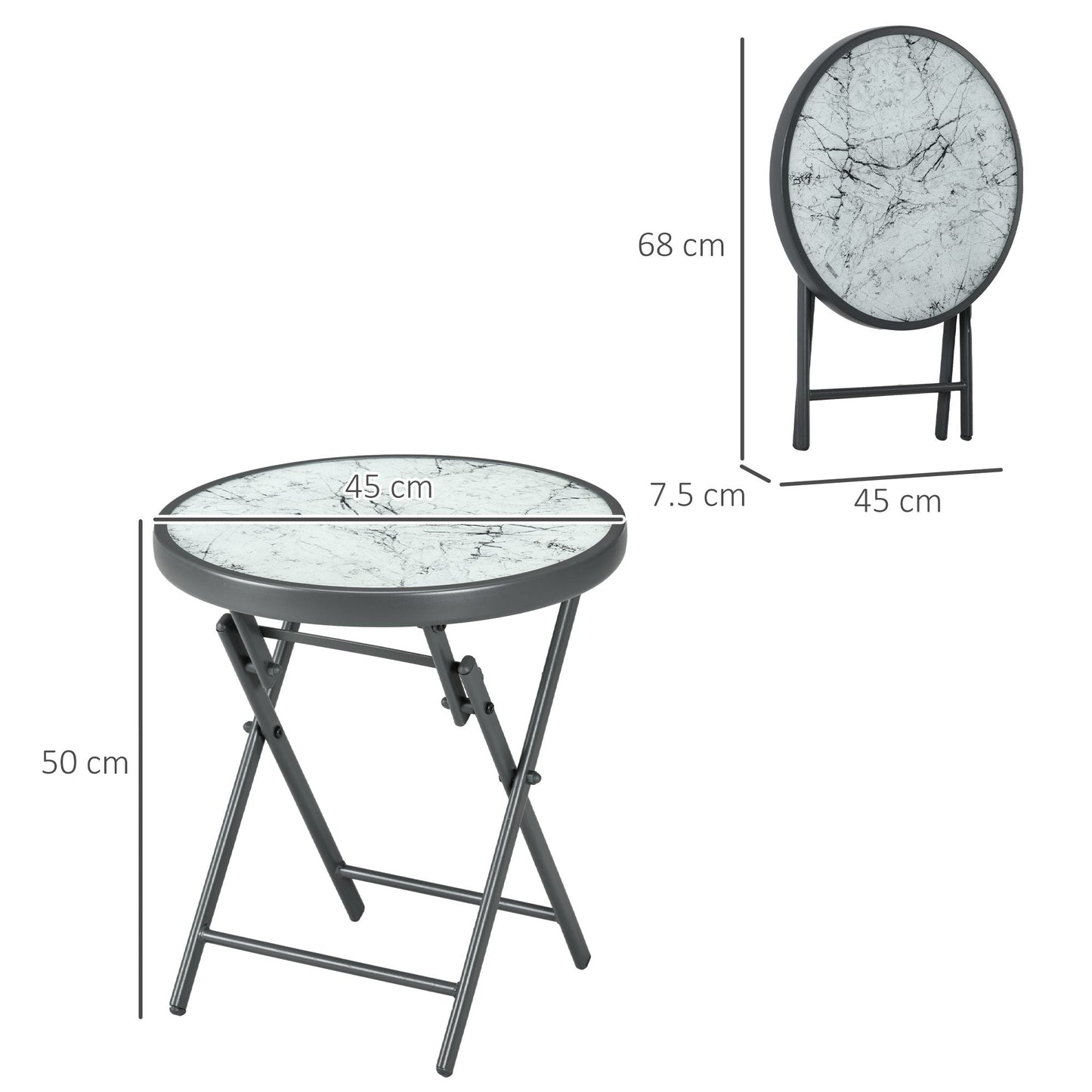 Outsunny a45cm Garden Side Table, Outdoor Round Folding Patio Table with Imitation Marble Glass Top, Small Coffee Table, White