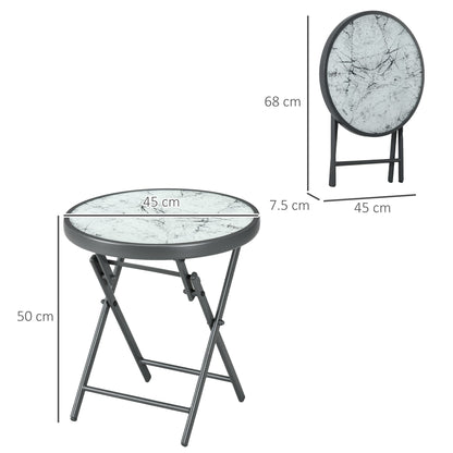 Outsunny a45cm Garden Side Table, Outdoor Round Folding Patio Table with Imitation Marble Glass Top, Small Coffee Table, White
