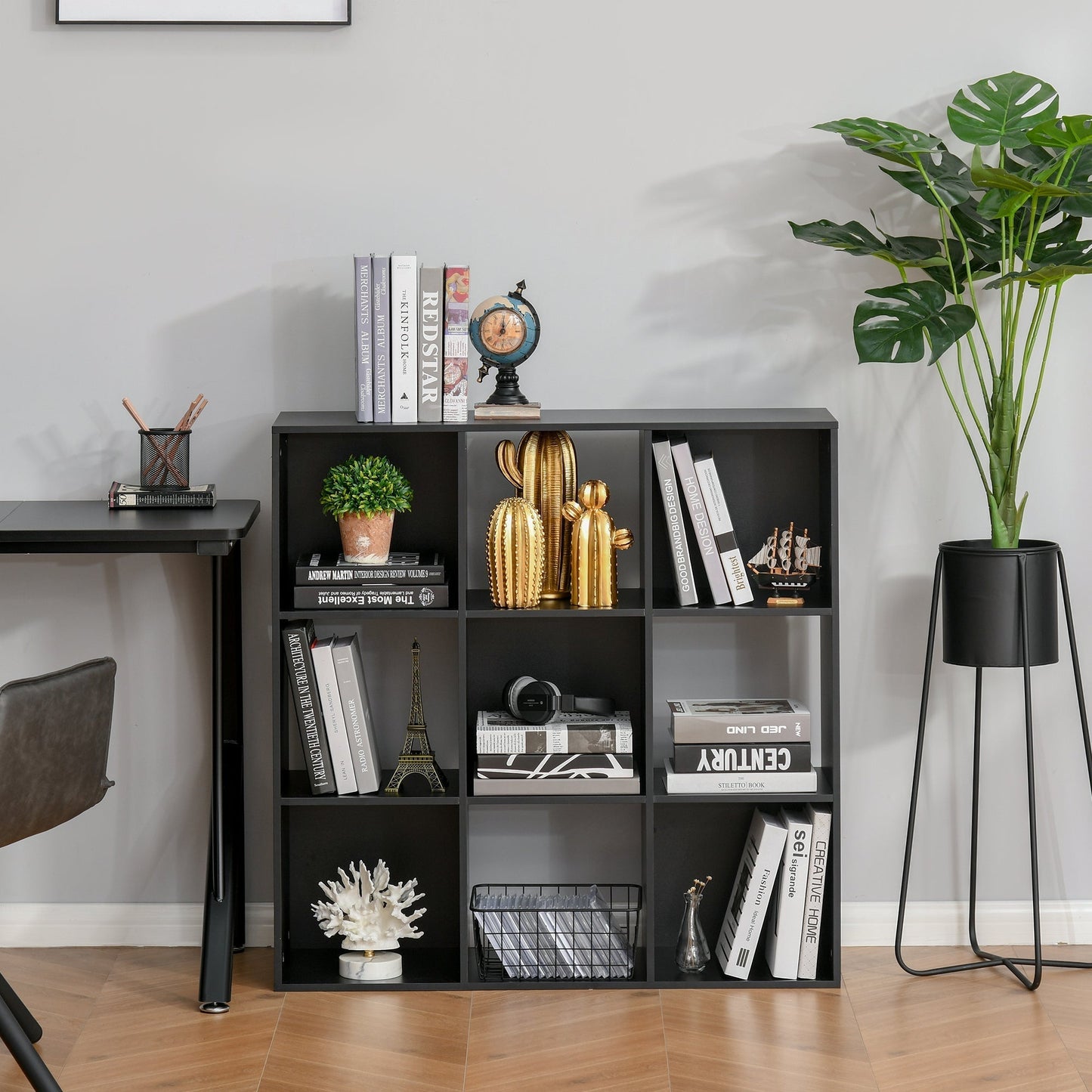 HOMCOM 3-tier 9 Cubes Storage Unit Particle Board Cupboard Bookcase Organiser Home Office Shelves, Black