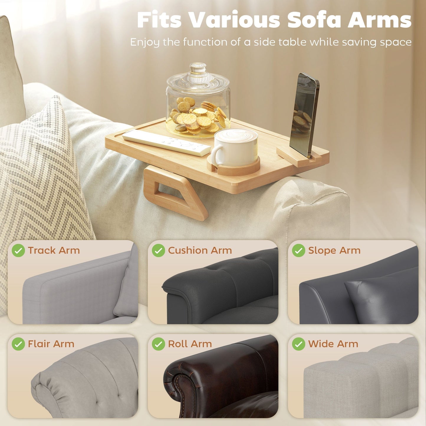 HOMCOM Anti-Slip Sofa Armrest Tray, Bamboo Sofa Arm Tray with 360° Phone Holder and Removable Cup Holder, Natural