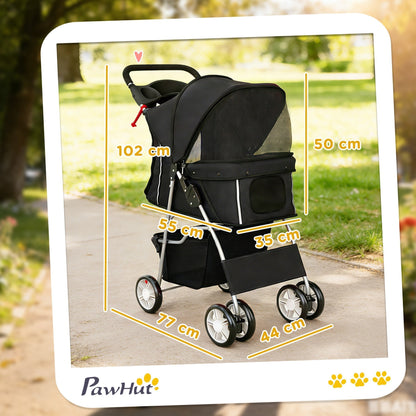 PawHut Dog Pram, Pet Stroller with Reflective Strips, Foldable Cat Stroller with 360 degrees Swivel Wheels, Black