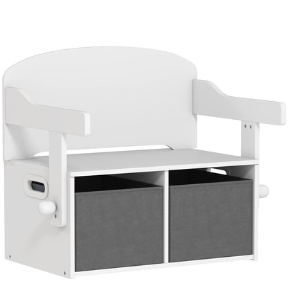 AIYAPLAY 3 in 1 Kids Storage Bench, Convertible Children Table and Chair Set with 2 Fabric Bins, Toy Storage Box, White