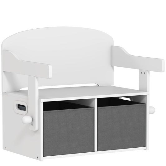 AIYAPLAY 3 in 1 Kids Storage Bench, Convertible Children Table and Chair Set with 2 Fabric Bins, Toy Storage Box, White