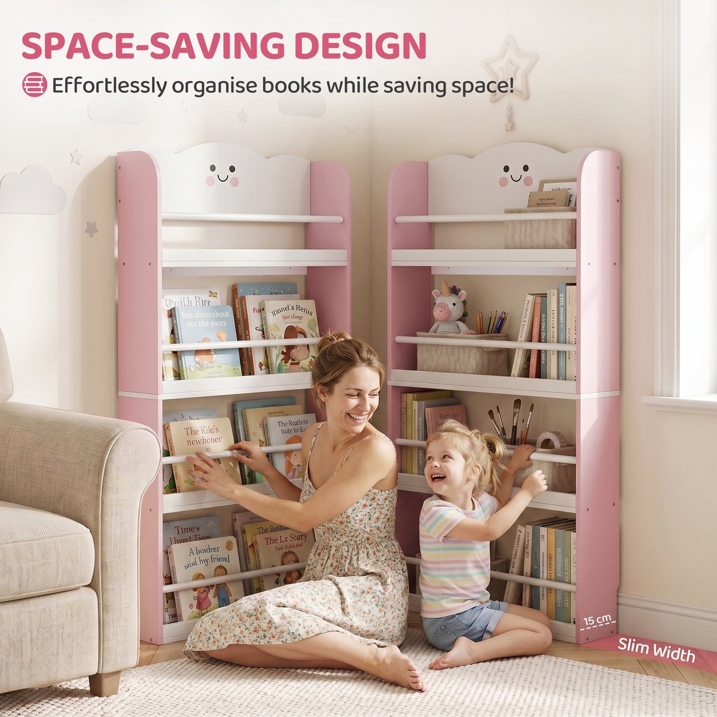 AIYAPLAY 4 Tier Kids Bookshelf, Wall-Mounted Children Bookcase, Toddler Space-Saving Bookcase for Kids Room, Playroom, Pink