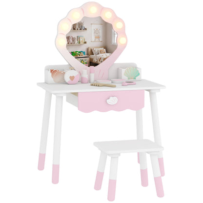 AIYAPLAY Kids Vanity Set, Kids Dressing Table with Chair, Acrylic Mirror, Lighted Bulbs, 7-Piece Accessories, for 3-8 Years, Pink