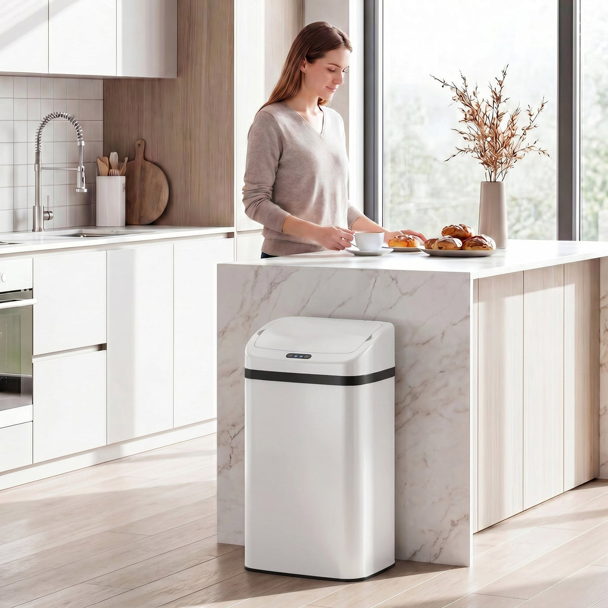 HOMCOM 48L Stainless Steel Sensor Bin - White