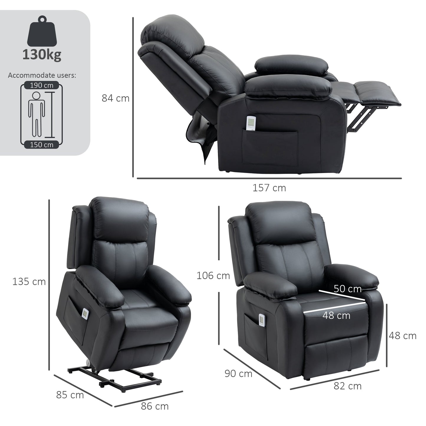 HOMCOM Riser and Recliner Chair with Vibration Massage, PU Leather Power Lift Chair for Elderly, Black