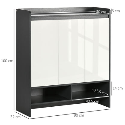 HOMCOM High Gloss Shoe Cabinet with White Doors and Open Shelves, Hallway Shoe Cupboard Storage Organizer for 19 Pairs of Shoes, Grey