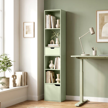 HOMCOM 6-Tier Bookcase, Tall Narrow Bookshelf with Drawer and Door - Green