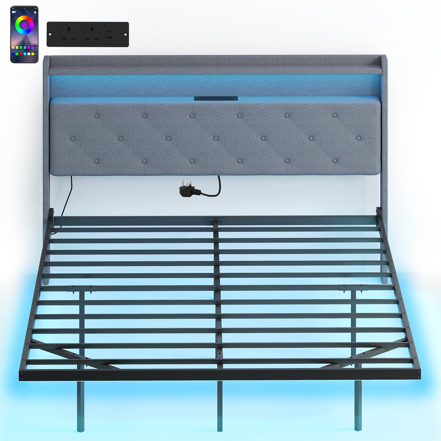 إطار سرير HOMCOM عائم، سرير بحجم كينج 5 قدم منجد، سرير منصة مع أضواء LED RGB ومحطة شحن، رمادي