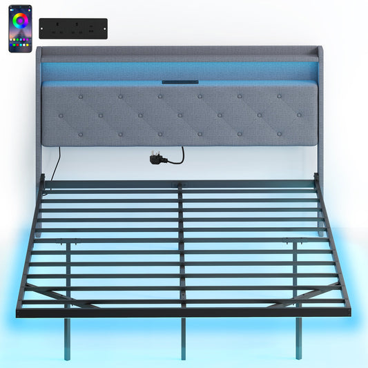إطار سرير HOMCOM عائم، سرير بحجم كينج 5 قدم منجد، سرير منصة مع أضواء LED RGB ومحطة شحن، رمادي