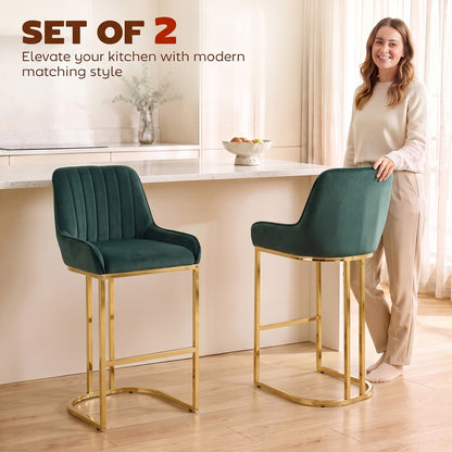 HOMCOM Bar Stools Set of 2 with Backrest, Footrest, Gold Electroplated Legs for Kitchen Island, Dining Room, Dark Green