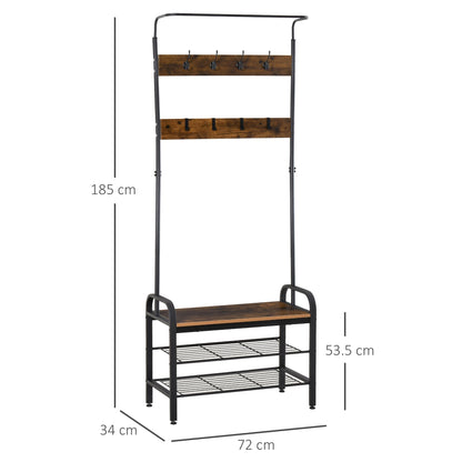 HOMCOM Coat Rack Stand Industrial hallway Shoe Rack Removable Hooks Metal Wood Hangers Storage Cabinet Rustic Brown 72L x 34W x 185H(cm)