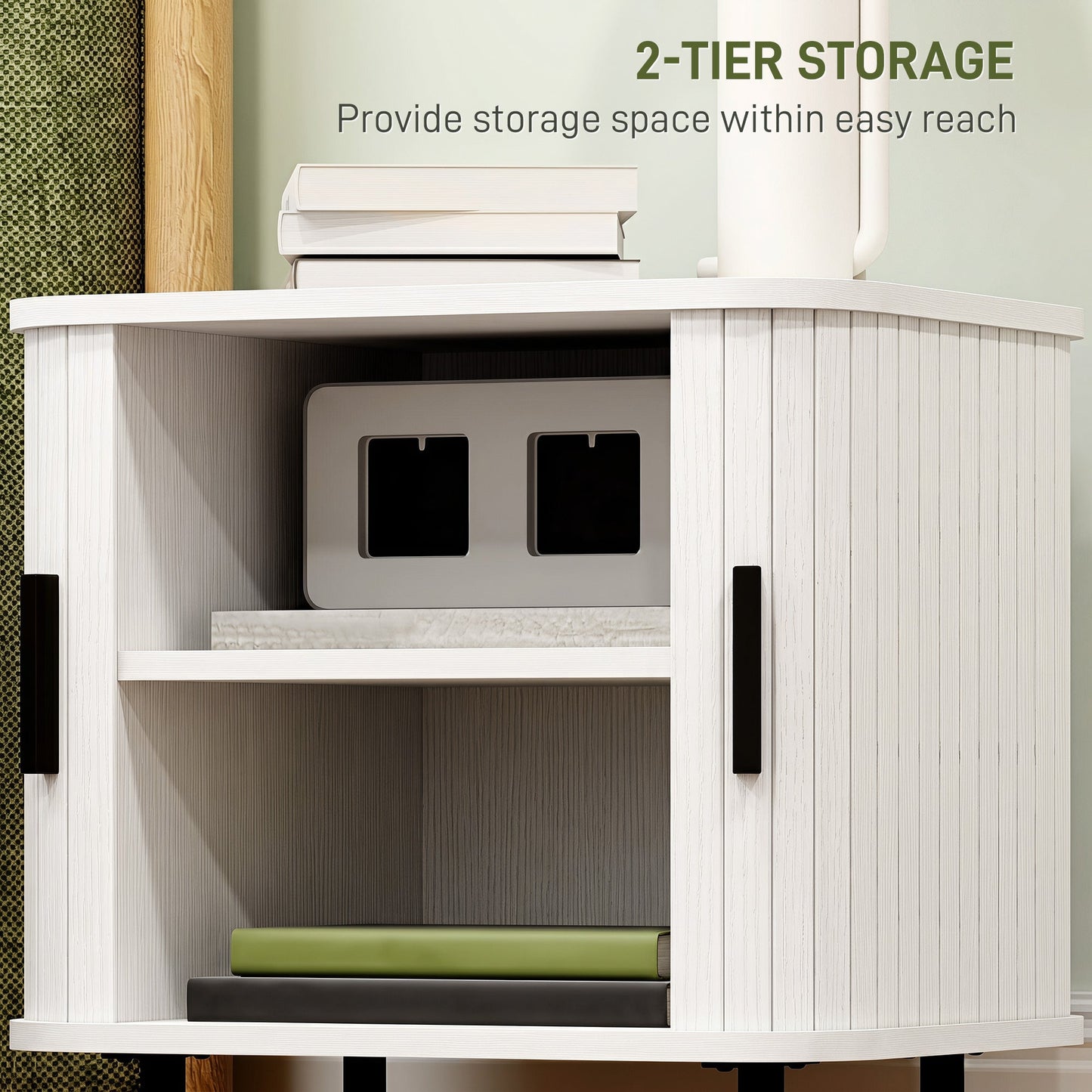 HOMCOM Nightstand with Sliding Doors and Metal Legs White Wood Effect