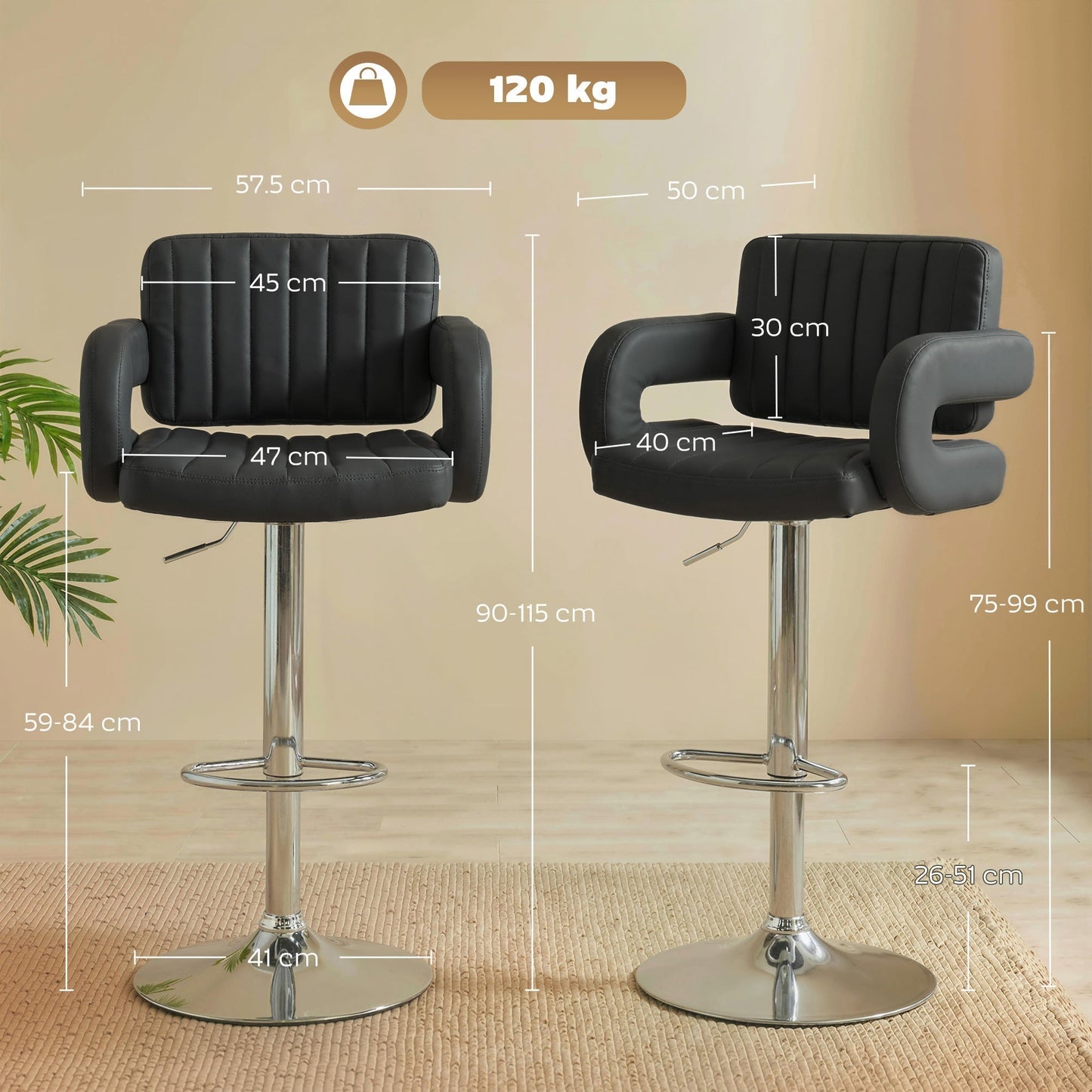 HOMCOM Bar Stools Adjustable Swivel Kitchen Chairs with Backrest Armrest Set of 2 PU Leather Black