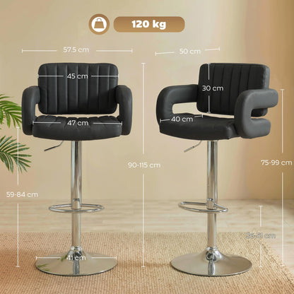 HOMCOM Bar Stools Adjustable Swivel Kitchen Chairs with Backrest Armrest Set of 2 PU Leather Black