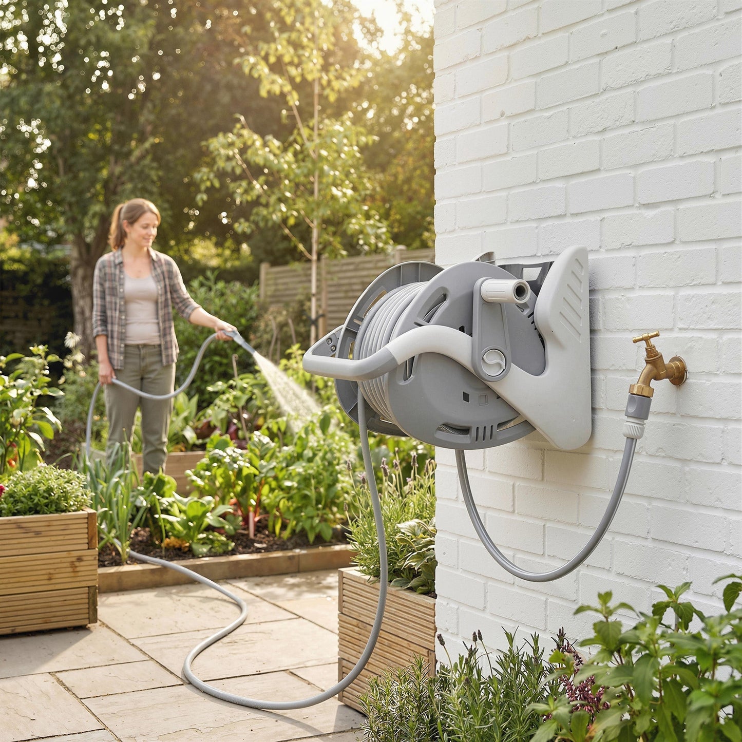 Outsunny Portable Garden Hose Reel, 20+2 m Wall Mounted Hose Reel with 2 Patterns Spray Nozzle and Crank Handle, Grey