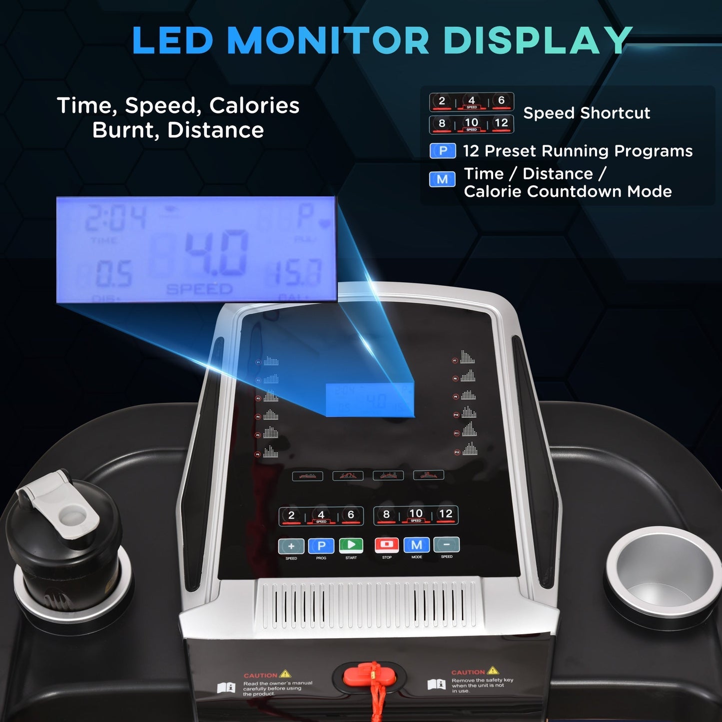 جهاز جري قابل للطي من HOMCOM، جهاز جري مائل بقوة 2.0 حصان، سرعة 12.8 كم/ساعة، مع شاشة LED، انحدار يدوي، 12 برنامجًا مُعدًا مسبقًا، حامل للمشروبات والهاتف للياقة البدنية في صالة الألعاب الرياضية المنزلية