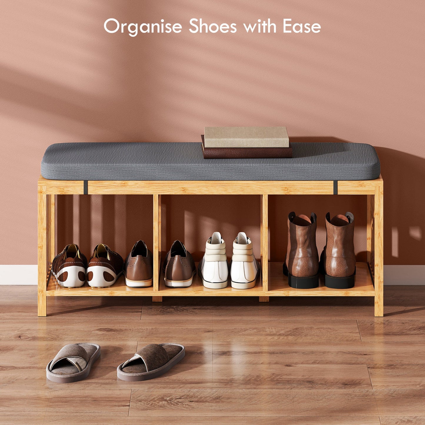 HOMCOM Bamboo Shoe Bench, Entryway Storage Bench with Padded Cushion and Open Shelf, Natural Wood Finish