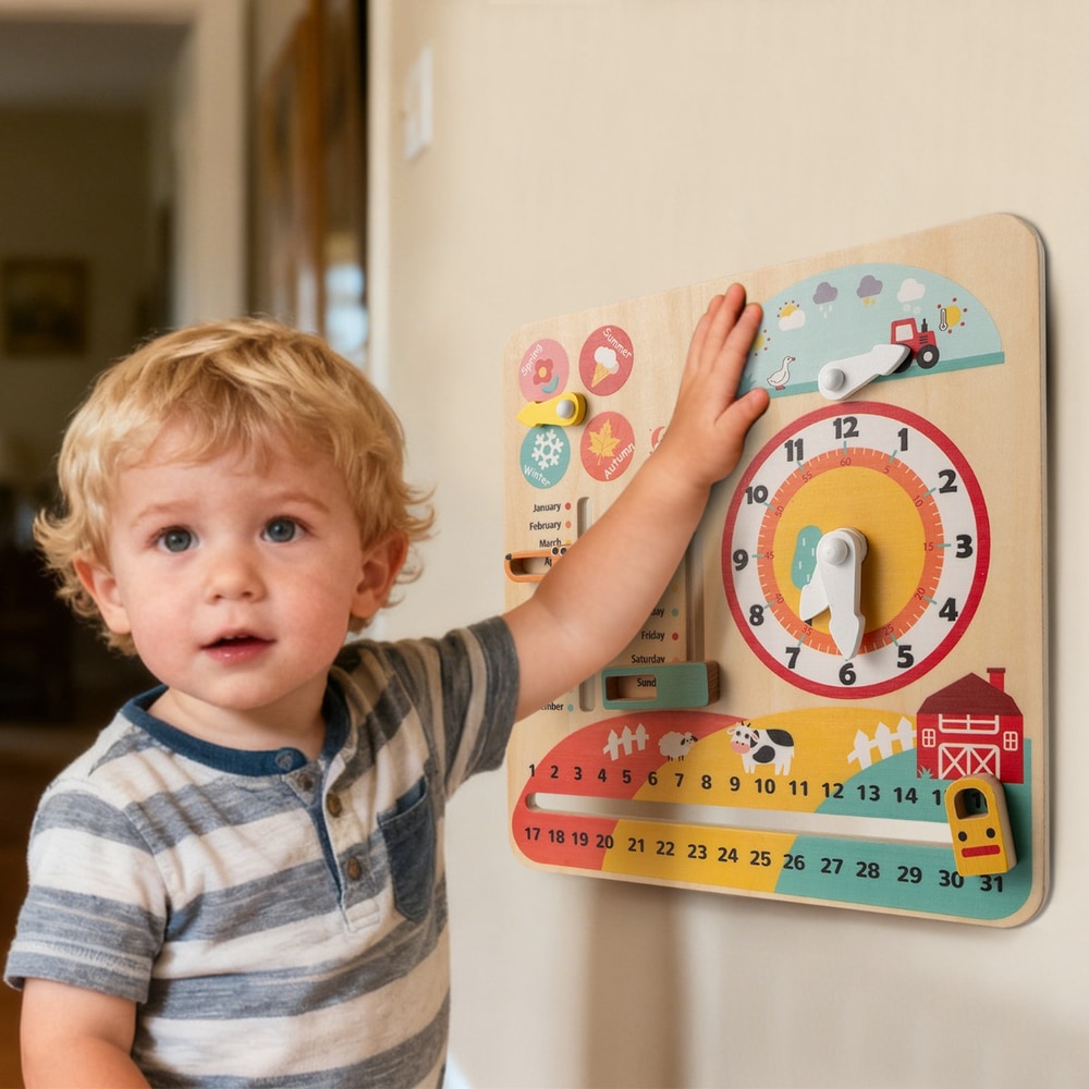 Young boy looking at the wooden calendar toy with clock and seasons