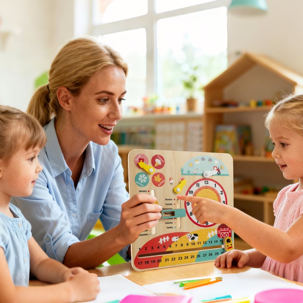 Teacher showing the wooden calendar toy with clock and seasons to children