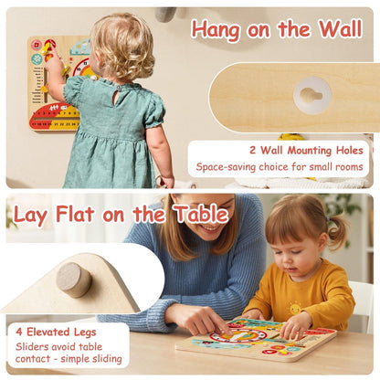 Wooden calendar toy with clock and seasons shown hanging and flat