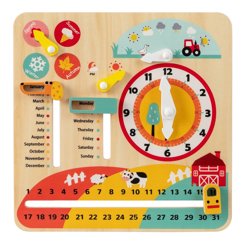 Daily Calendar Wooden Toy with Clock and Seasons showing the clock, days, months and seasons