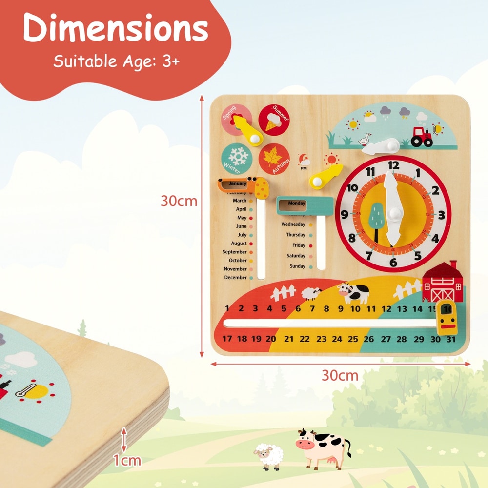 Dimensions of the wooden calendar toy with clock and seasons
