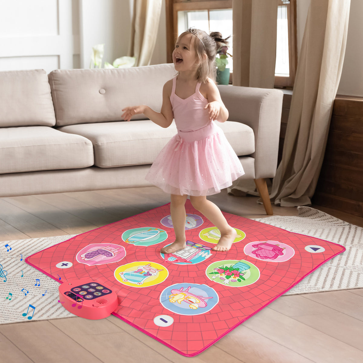 Dance Pad Game Toy, a young girl in a pink tutu dancing on the musical instrument in a living room