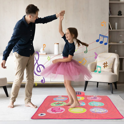 Dance Pad Game Toy, a father and daughter dancing together on the musical instrument in a bright room