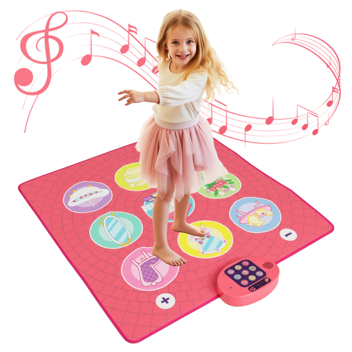 Dance Pad Game Toy, a happy girl dancing on the musical instrument, with musical notes floating around