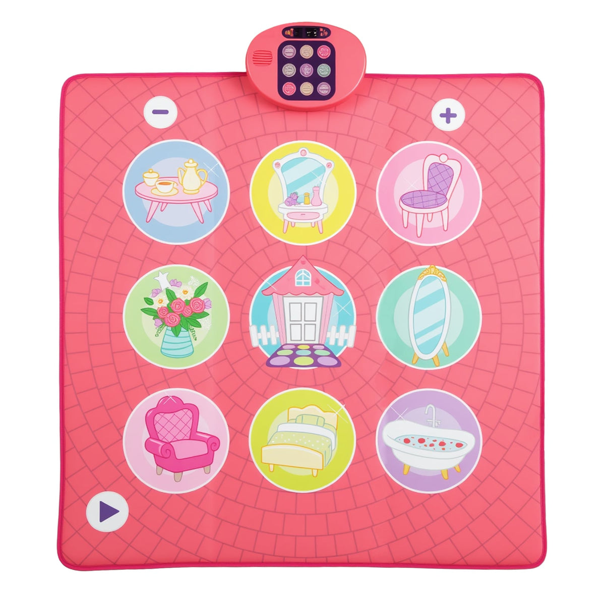 Dance Pad Game Toy with 5 levels and 9 keyboard sounds for 3+ kids, showing a pink mat with colourful icons and a detachable