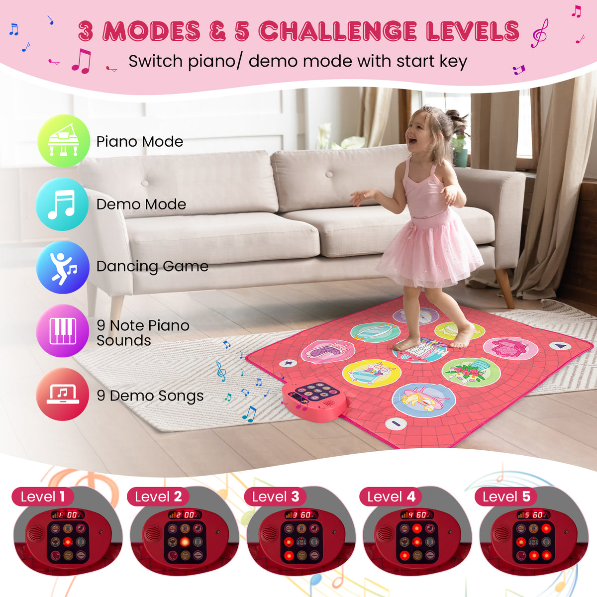 The musical instrument showing 3 modes and 5 challenge levels, with close ups of the control box for each level