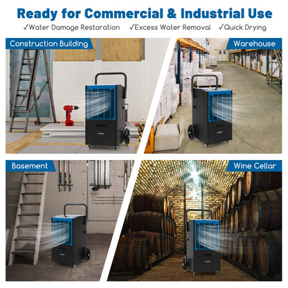 The commercial dehumidifier shown in four different industrial settings
