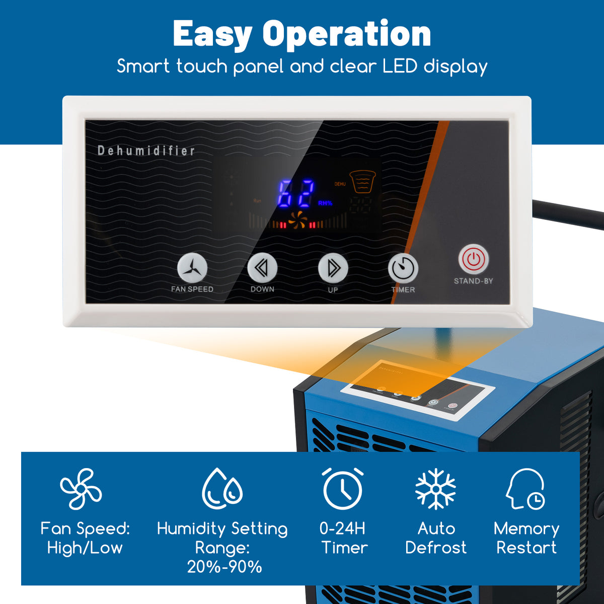 The touch control panel on top of the commercial dehumidifier