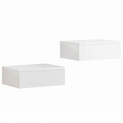 HOMCOM Floating Bedside Table Set of 2, Wall-Mounted Nightstand with High Gloss Finish & Storage Drawer, White