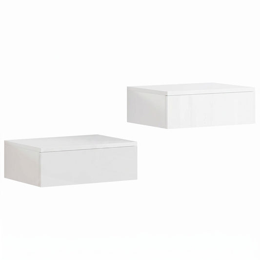 HOMCOM Floating Bedside Table Set of 2, Wall-Mounted Nightstand with High Gloss Finish & Storage Drawer, White