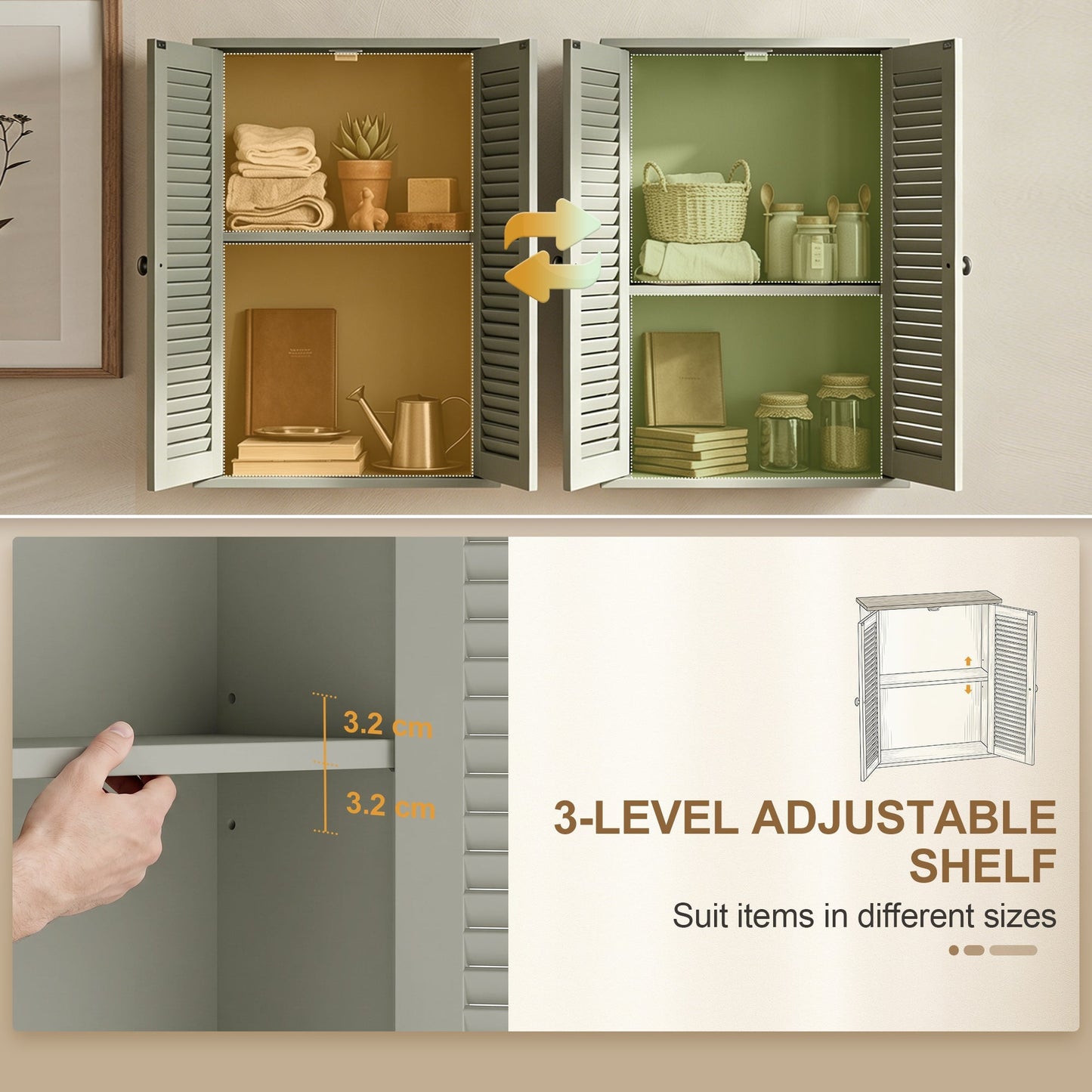 HOMCOM Bathroom Cabinet, Bathroom Wall Cabinet with Louvered Doors and Adjustable Shelf Storage for Kitchen, Light Green