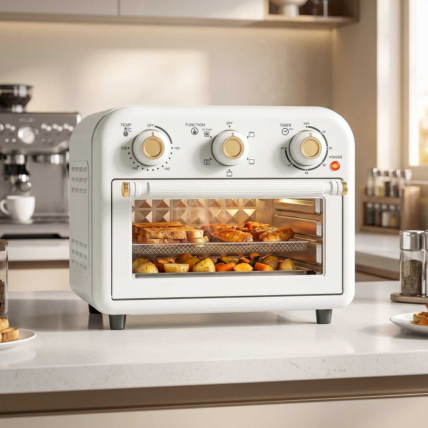 HOMCOM Air Fryer Toaster Oven, Convection Countertop Oven, with Adjustable Temperature and Timer, 12 L, Cream White