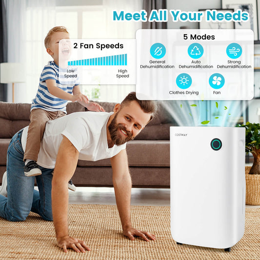 The dehumidifier in a living room with a father and child playing on the floor