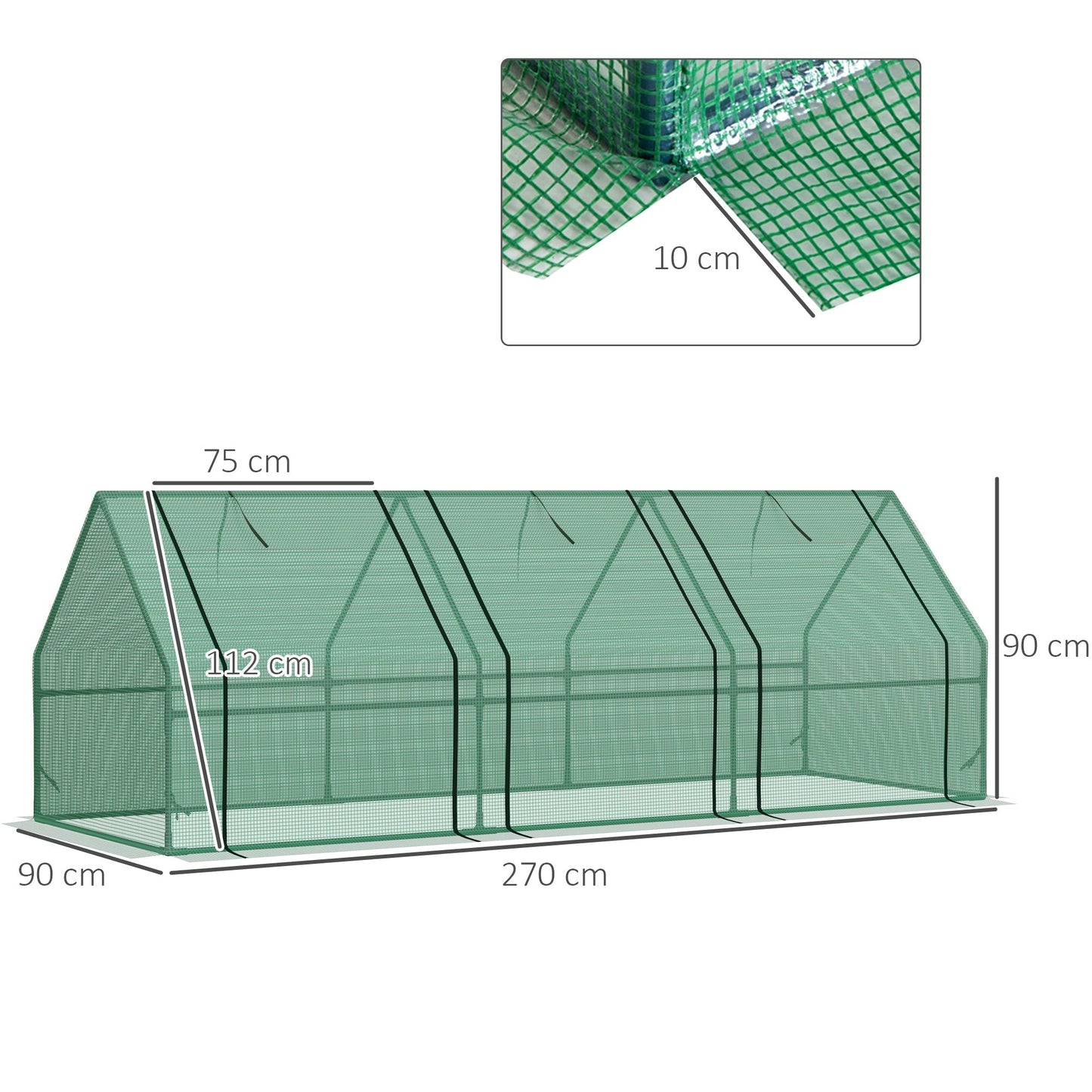 البيت الزجاجي المصغر من Outsunny مع إطار فولاذي وغطاء بولي إيثيلين ونافذة بسحاب على شكل نفق متعدد الاستخدامات للنباتات والخضروات، 270 × 90 × 90 سم، أخضر