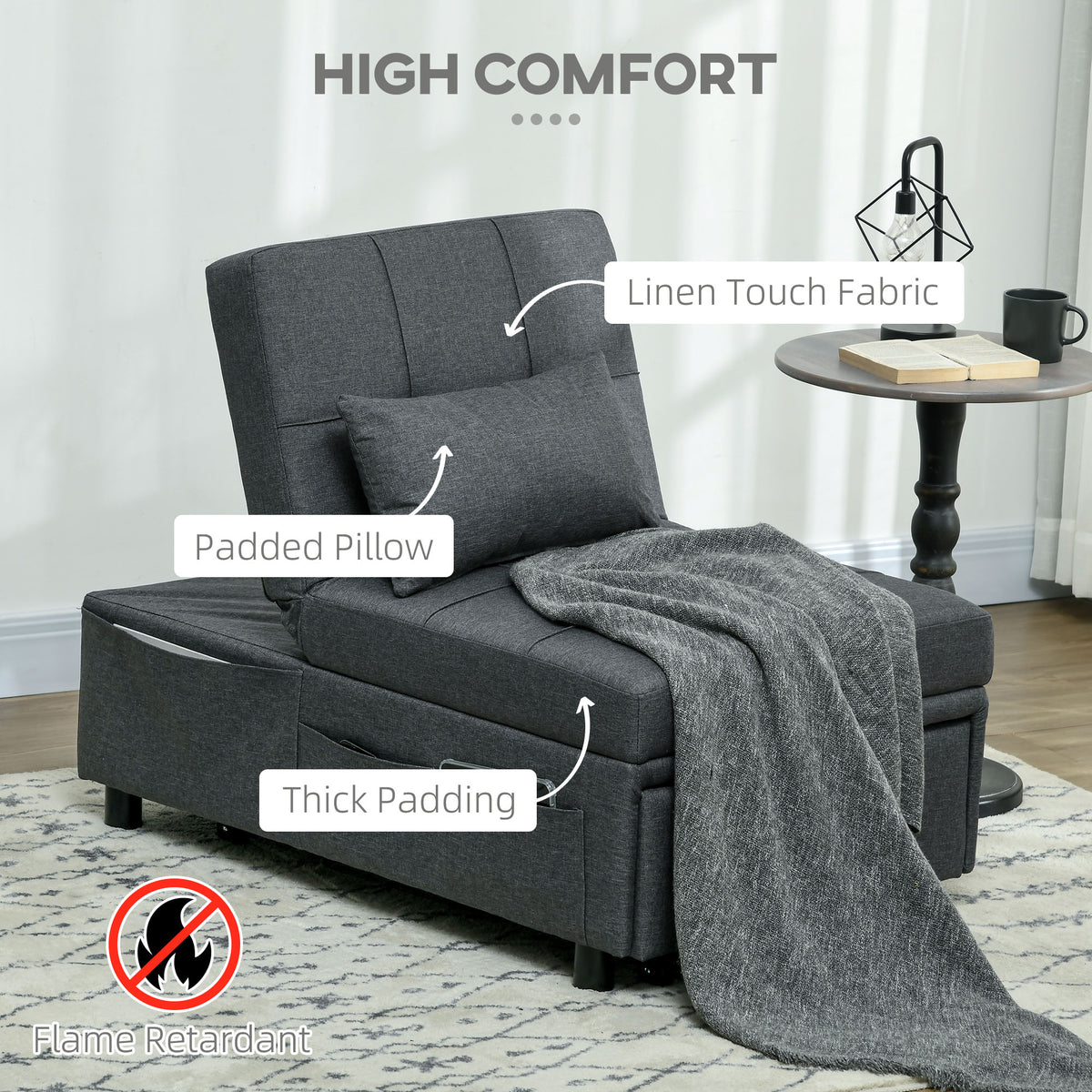 HOMCOM Convertible Chair Bed with Padding Seat in Grey